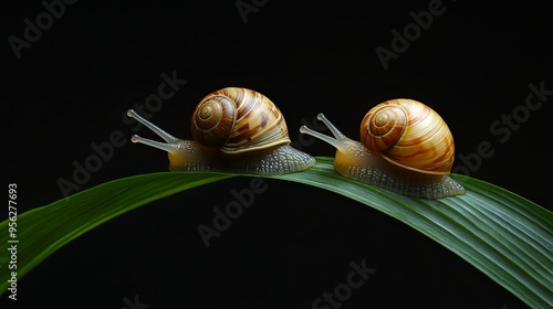 Two diminutive snails cling to a pandan leaf against a pitch-black backdrop. 