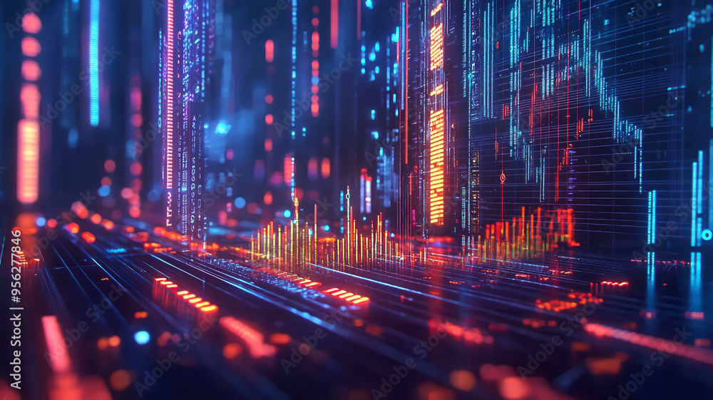 Investment analysis, sleek digital graphs with financial icons, 3D illustration Investment analysis, sleek digital graphs with financial icons, 3D illustration