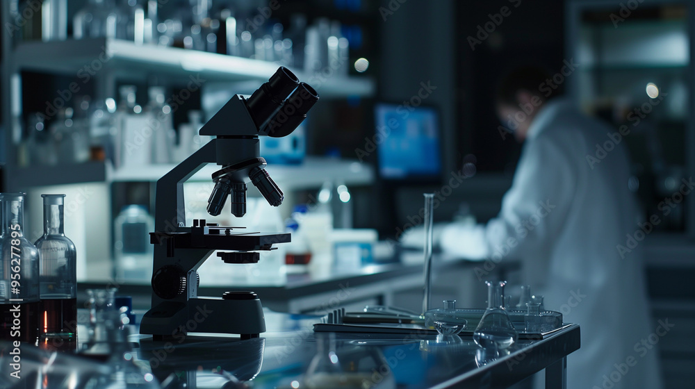 Laboratory Microscope with Scientist Working in the Background Laboratory Microscope with Scientist Working in the Background