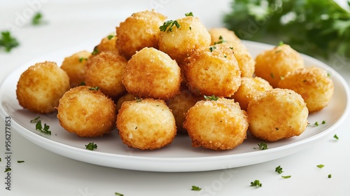 Golden croquettes on a white tablecloth, garnished with parsley, evoke elegance and culinary delight.