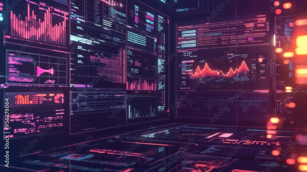 Trend analysis, futuristic screens with dynamic data, 3D illustration Trend analysis, futuristic screens with dynamic data, 3D illustration