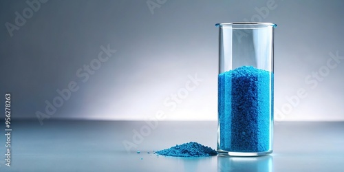 Heavy insoluble particles of blue copper silicate in a beaker photo