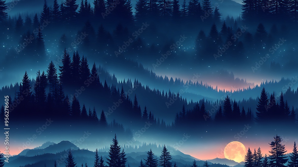 A seamless pattern of a forest at night, with silhouettes of tall trees and a glowing crescent moon, the soft moonlight creating a serene, mystical ambiance, A seamless pattern of a forest at night, with silhouettes of tall trees and a glowing crescent moon, the soft moonlight creating a serene, mystical ambiance,