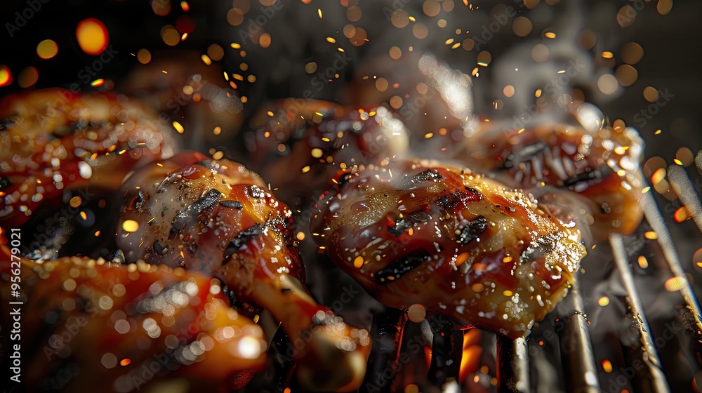 Metallic tongues take chicken legs from bbq grill close up Metallic tongues take chicken legs from bbq grill close up