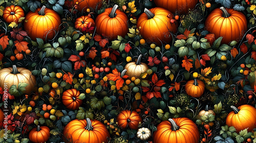 A seamless pattern of a pumpkin patch with varied pumpkins and squashes, surrounded by curling vines and autumn leaves, the rich colors and textures creating a lively, seasonal ambiance, hd quality, A seamless pattern of a pumpkin patch with varied pumpkins and squashes, surrounded by curling vines and autumn leaves, the rich colors and textures creating a lively, seasonal ambiance, hd quality,