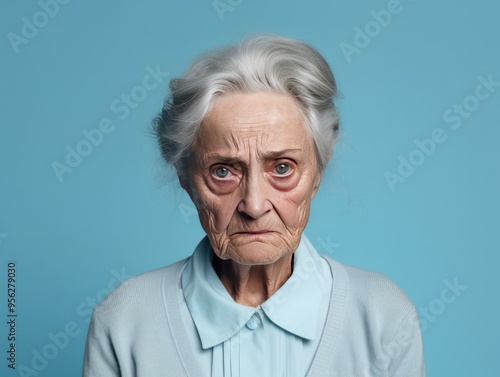 Cyan background sad European white Woman grandmother realistic person portrait of young beautiful bad mood expression Woman