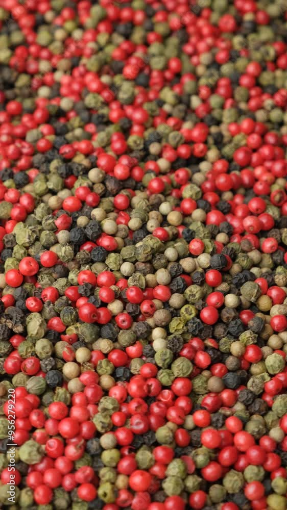 Vertical rotation of a mixture of red, black, green and white peppercorns