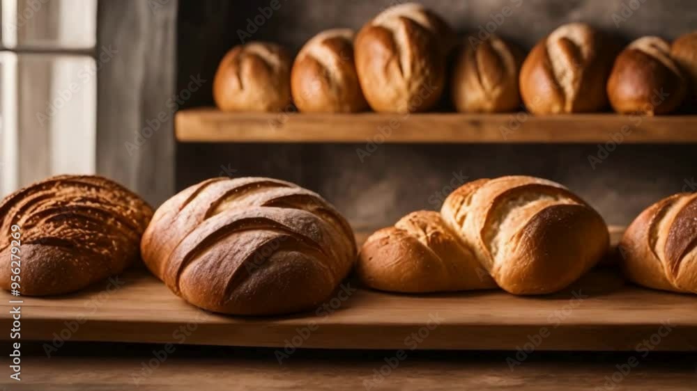 Freshly Baked Bread on Wooden Shelves in Bakery Freshly Baked Bread on Wooden Shelves in Bakery