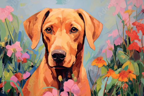 Colorful dog portrait in garden