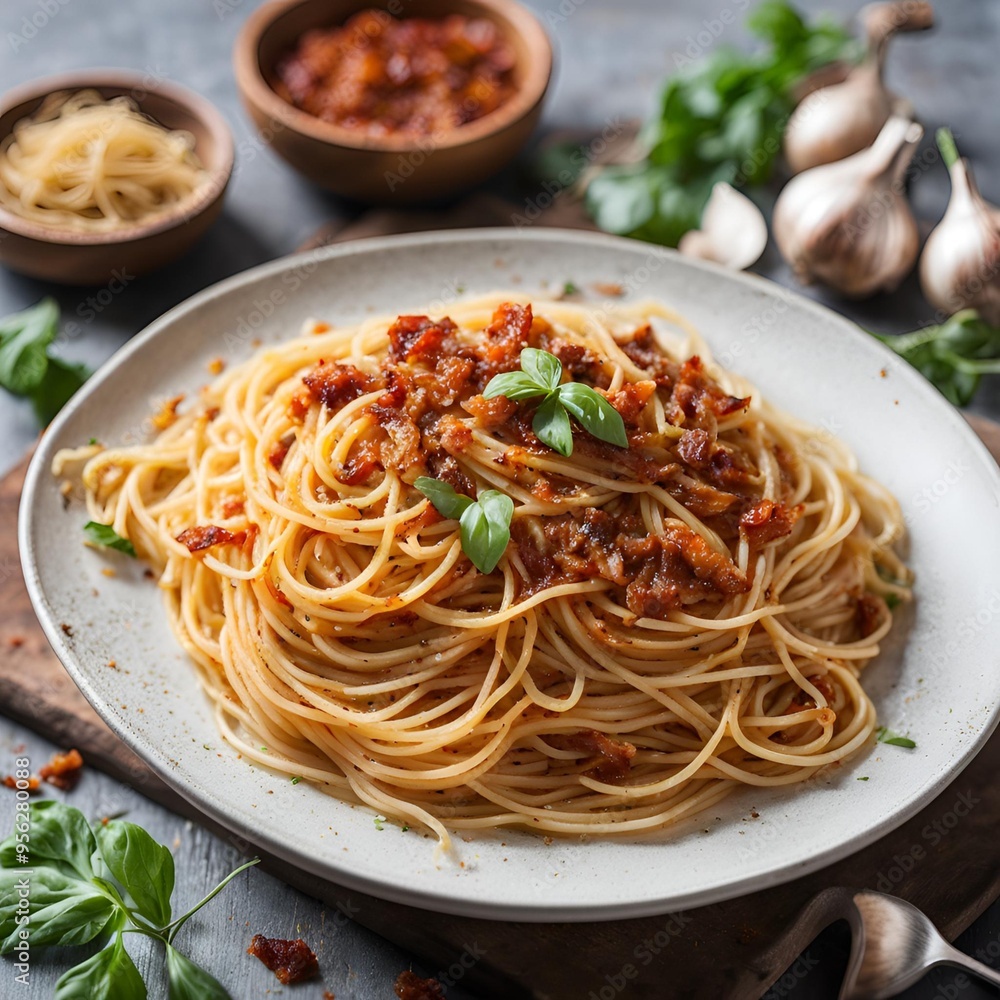 Spaghetti with garlic chili crisp oil and bacon for a quick and flavorful pasta dish
Spaghetti with garlic chili crisp oil and bacon for a quick and flavorful pasta dish