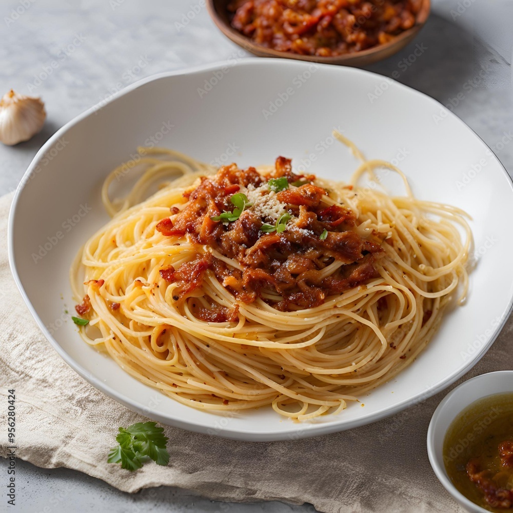 Spaghetti with garlic chili crisp oil and bacon for a quick and flavorful pasta dish
Spaghetti with garlic chili crisp oil and bacon for a quick and flavorful pasta dish