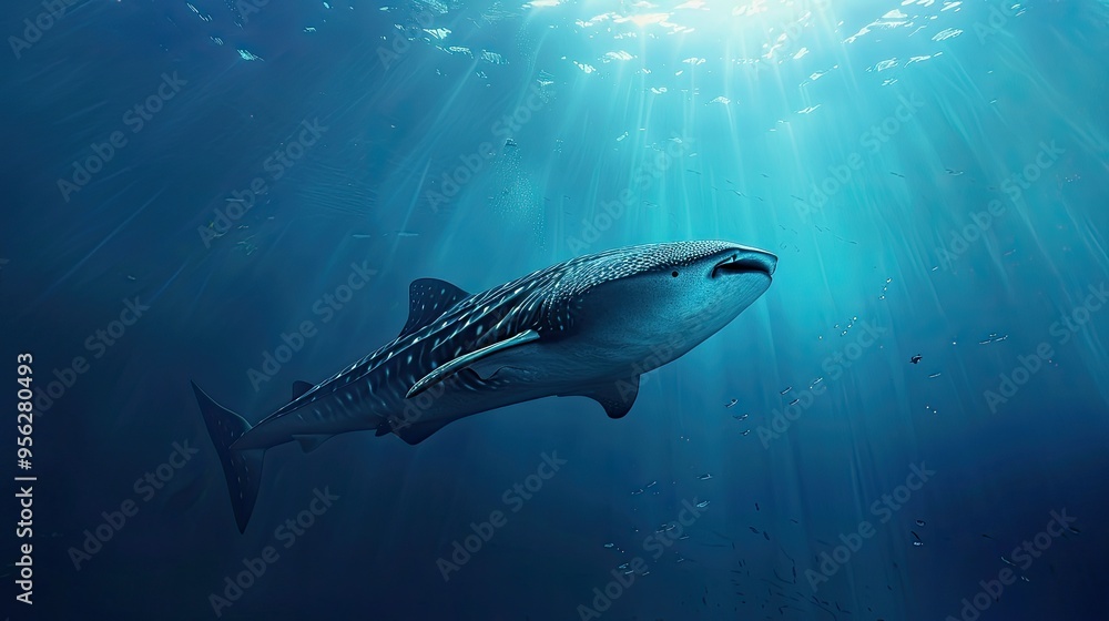 Fototapeta premium Whale shark in blue ocean near Sumbawa Giant shark swimming underwater