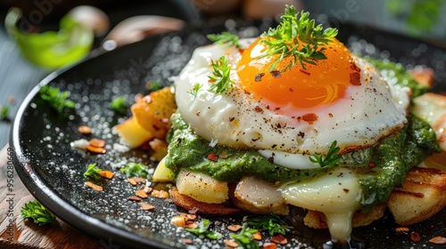 Portion of gourmet breakfast with poached egg and green sauce photo