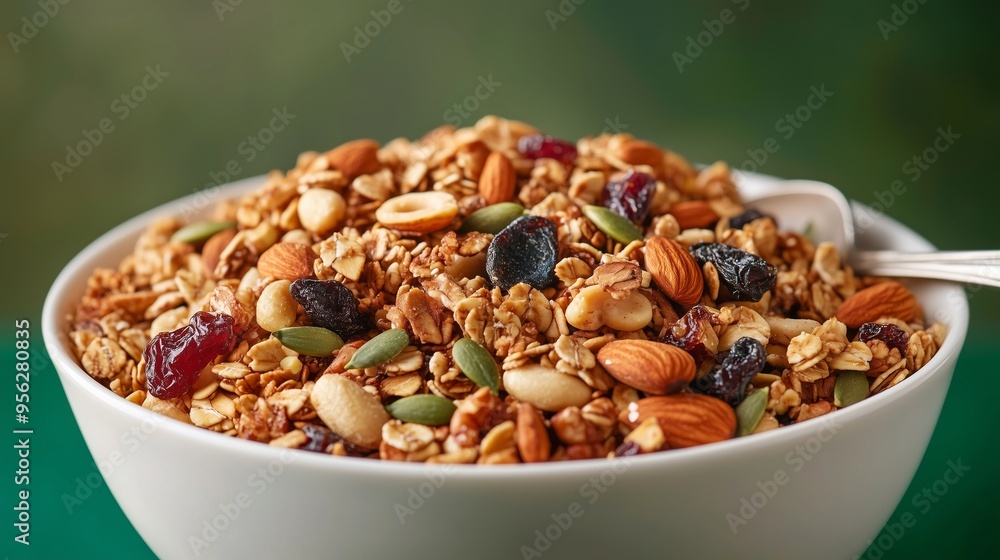 A vibrant bowl of granola muesli with nuts and fruits shines against a green backdrop, radiating health. A vibrant bowl of granola muesli with nuts and fruits shines against a green backdrop, radiating health.