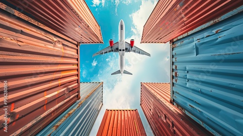 Airplane fly over container box in the cargo for import export with logistic or freight shipment industrial business under blue sky and white cloud photo