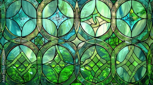 A pattern of stained glass windows with Celtic designs, using a palette of greens and blues to create a mystical and harmonious look.