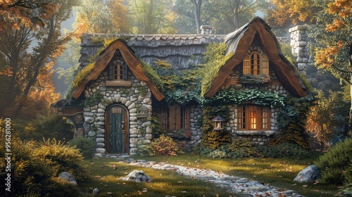 An old stone cottage with a thatched roof, nestled within a lush forest, surrounded by the enchanting greenery of an woodland.