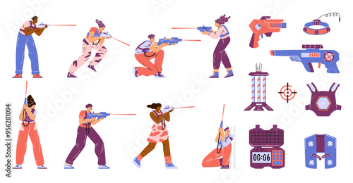 Vector set of laser tag game with players and equipment on a white background
