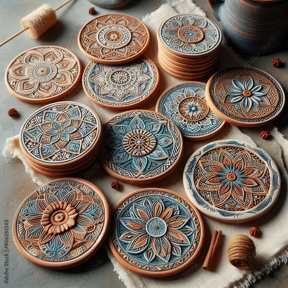 93 26 Clay Coaster Set Handmade clay coasters featuring decorati 93 26 Clay Coaster Set Handmade clay coasters featuring decorati