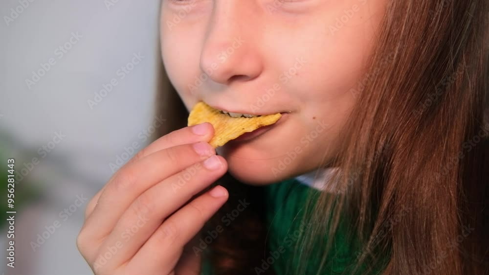 Child puts snack in his mouth with his hand and enjoys eating fast food, potato chips. Offer of tasty and unhealthy food for children. Childhood obesity concept. Child puts snack in his mouth with his hand and enjoys eating fast food, potato chips. Offer of tasty and unhealthy food for children. Childhood obesity concept.