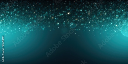 Cyan banner dark bokeh particles glitter awards dust gradient abstract background. Futuristic glittering in space on cyan background blank empty with copy space