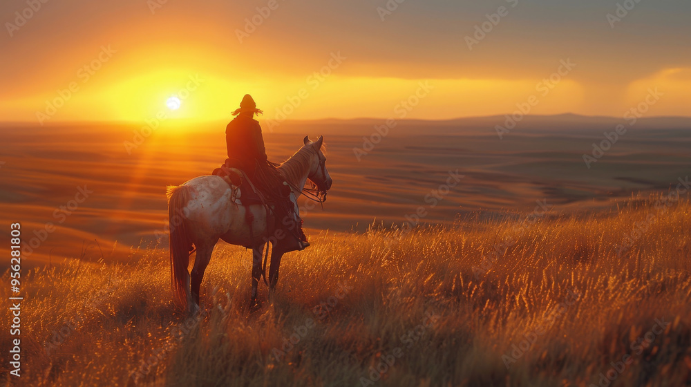 A nomad on a horse in the steppe against the backdrop of a beautiful sunset landscape. Beautiful steppe. A nomad on a horse in the steppe against the backdrop of a beautiful sunset landscape. Beautiful steppe.