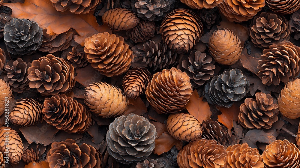 A seamless pattern of fallen pinecones scattered among needles and twigs, the earthy tones and natural textures creating a rustic woodland feel, hd quality, intricate details, natural lighting, A seamless pattern of fallen pinecones scattered among needles and twigs, the earthy tones and natural textures creating a rustic woodland feel, hd quality, intricate details, natural lighting,