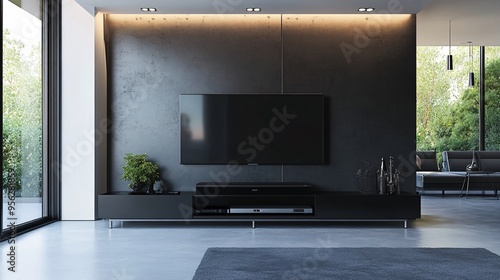 urban minimalism, sleek black TV stand, high gloss with metal legs, modern and functional, diagonal angle, contemporary living space with large screen TV and minimalist decor, soft white light from