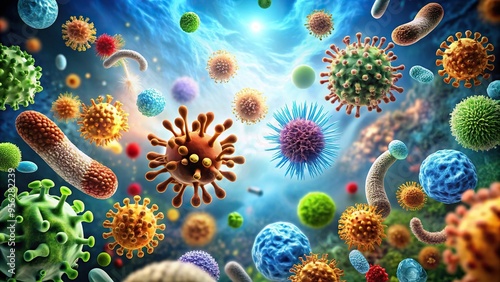 Low angle view of allergens, bacteriuria, viruses, seasonal outbreaks of colds, diseases, and microorganisms photo