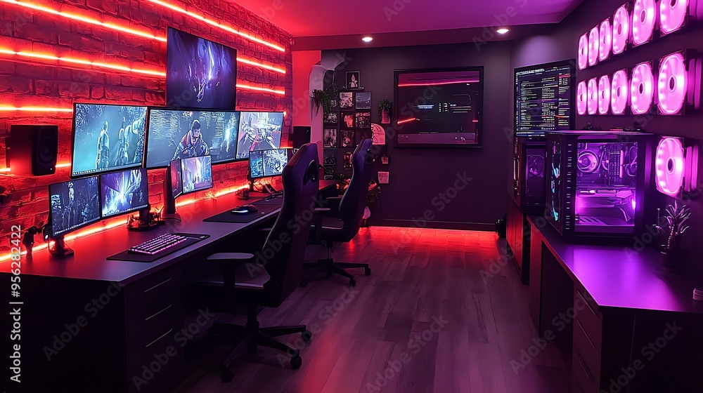 A professional esports-themed gaming room, with multiple monitors on sleek desks, ergonomic chairs designed for comfort and support, and vibrant LED lighting that enhances the competitive atmosphere, A professional esports-themed gaming room, with multiple monitors on sleek desks, ergonomic chairs designed for comfort and support, and vibrant LED lighting that enhances the competitive atmosphere,