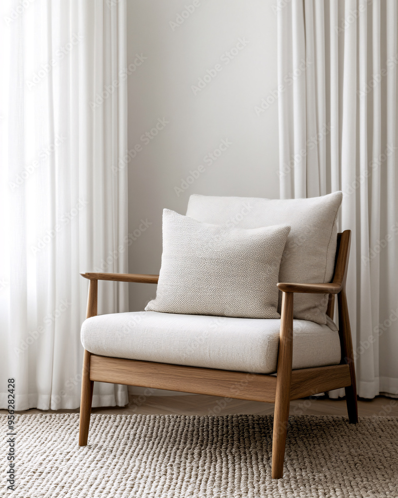 Stylish wooden chair with soft cushions, perfect for modern living spaces or cozy reading nooks. Stylish wooden chair with soft cushions, perfect for modern living spaces or cozy reading nooks.