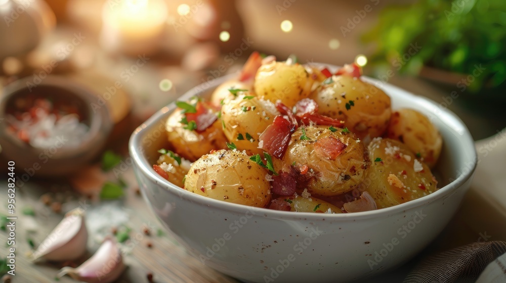 A bowl of roasted garlic bacon and parmesan potatoes garnished with parsley bits x000D A bowl of roasted garlic bacon and parmesan potatoes garnished with parsley bits x000D