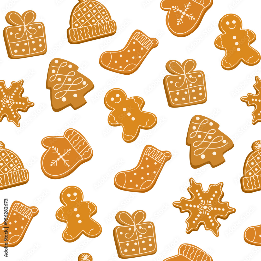Gingerbread Christmas seamless pattern. Xmas ginger bread, biscuits coated with sugar icing, sweet glaze. Festive traditional bakery, dessert. Flat vector illustration Gingerbread Christmas seamless pattern. Xmas ginger bread, biscuits coated with sugar icing, sweet glaze. Festive traditional bakery, dessert. Flat vector illustration