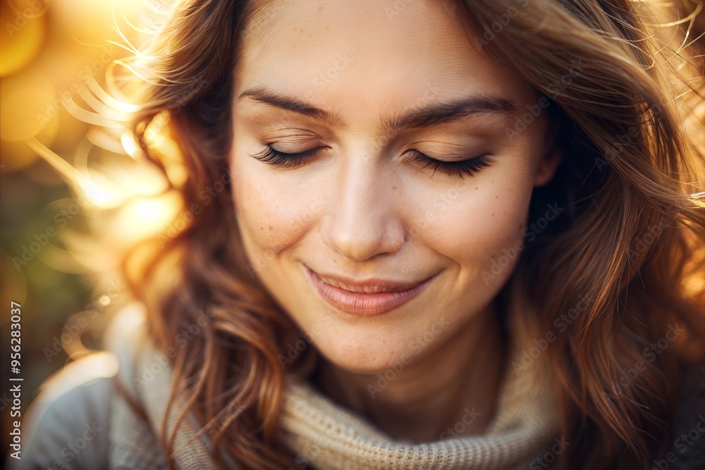Fototapeta premium Close-up of a smiling young woman with closed eyes and soft curls in warm golden sunlight outdoors