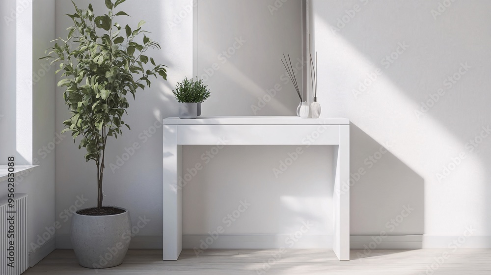 View of minimalist design, sleek white console table, clean lines with hidden ...