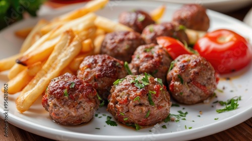 Turkish meatballs Turkish Food Kofte or Kofta with red peppers tomato french fries and onion Delicious Turkish Traditional Kebab Kofte with pilaf on white plate meatballs Spicy meatballs Kebab