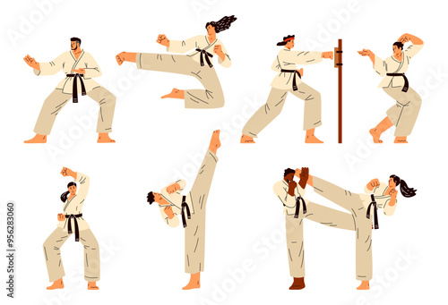Karate women and men fighters in kimono and black belt training vector flat set isolated, Japanese martial art training