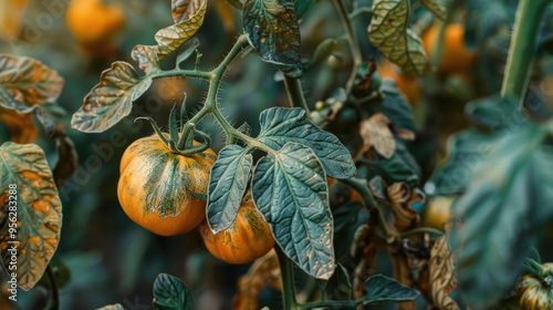 The leaves of a growing tomato are infected with phytophthora close up Withered dry leaves of vegetable crops in the garden Fungal infection on garden bed plants Common tomato disease photo