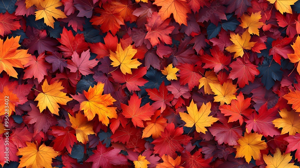 A seamless pattern of maple leaves in rich autumn hues, from bright red to warm orange and yellow, the leaves gently falling and swirling in a dynamic and vibrant design, A seamless pattern of maple leaves in rich autumn hues, from bright red to warm orange and yellow, the leaves gently falling and swirling in a dynamic and vibrant design,