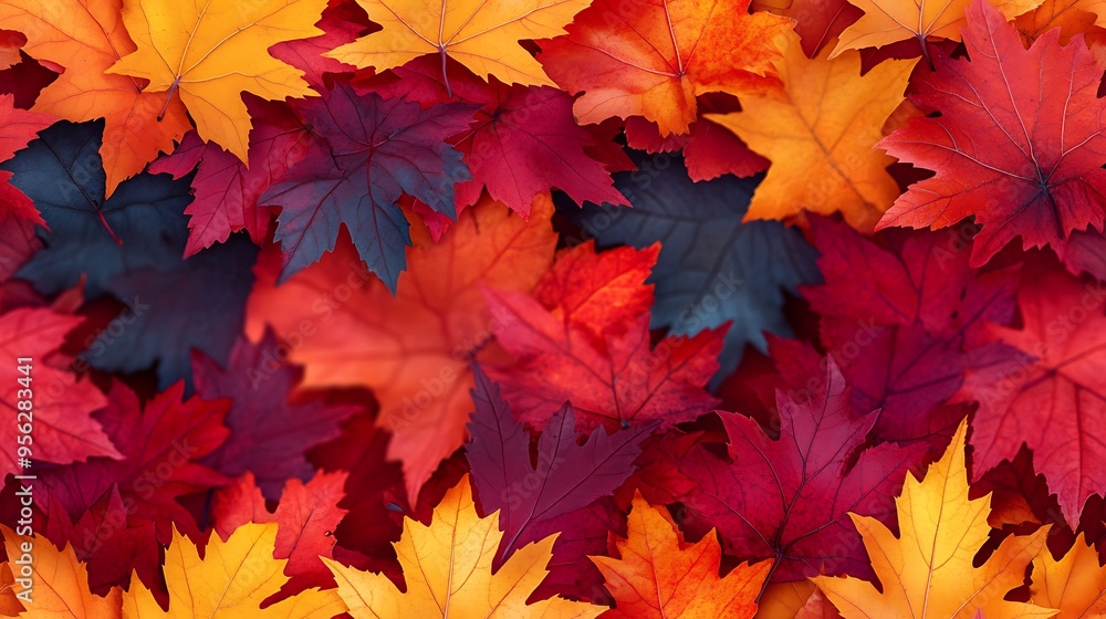 A seamless pattern of maple leaves in rich autumn hues, from bright red to warm orange and yellow, the leaves gently falling and swirling in a dynamic and vibrant design, A seamless pattern of maple leaves in rich autumn hues, from bright red to warm orange and yellow, the leaves gently falling and swirling in a dynamic and vibrant design,
