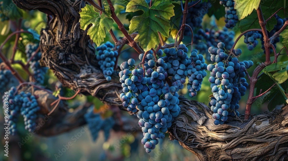 Fototapeta premium Cannonau grapes Majestic old vine stock with bunches of ripe grapes hanging from the branches between the leaves Traditional agriculture Sardinia