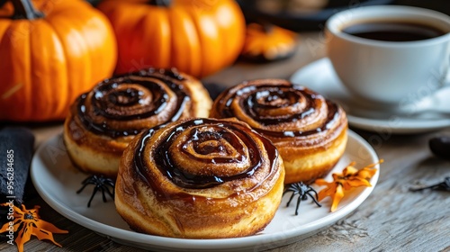 Freshly Baked Halloween Cinnamon Rolls with Spider Web Ornament, Coffee Cup, and Orange Pumpkins in Background, 3D Illustration. AI generated illustration.