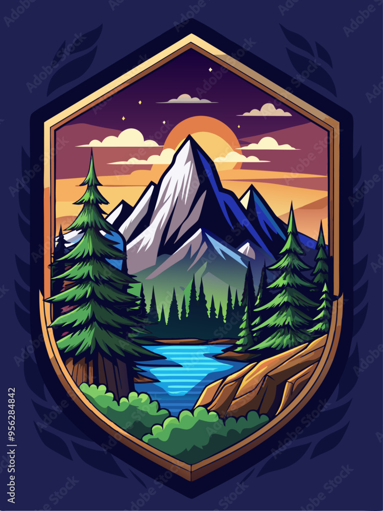 Mountain Sunset Landscape with River and Forest in a Shield Design Mountain Sunset Landscape with River and Forest in a Shield Design