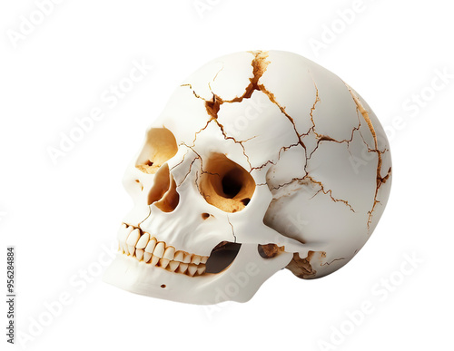 Detailed image ofn a cracked human skull on a white background photo