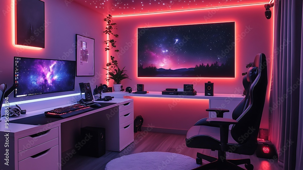 A space station-inspired gaming room, with metallic walls, a ceiling that mimics the starry night sky, and LED strips running along the edges, A space station-inspired gaming room, with metallic walls, a ceiling that mimics the starry night sky, and LED strips running along the edges,