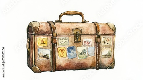 Vintage Travel Suitcase with Worn Leather and Stickers
