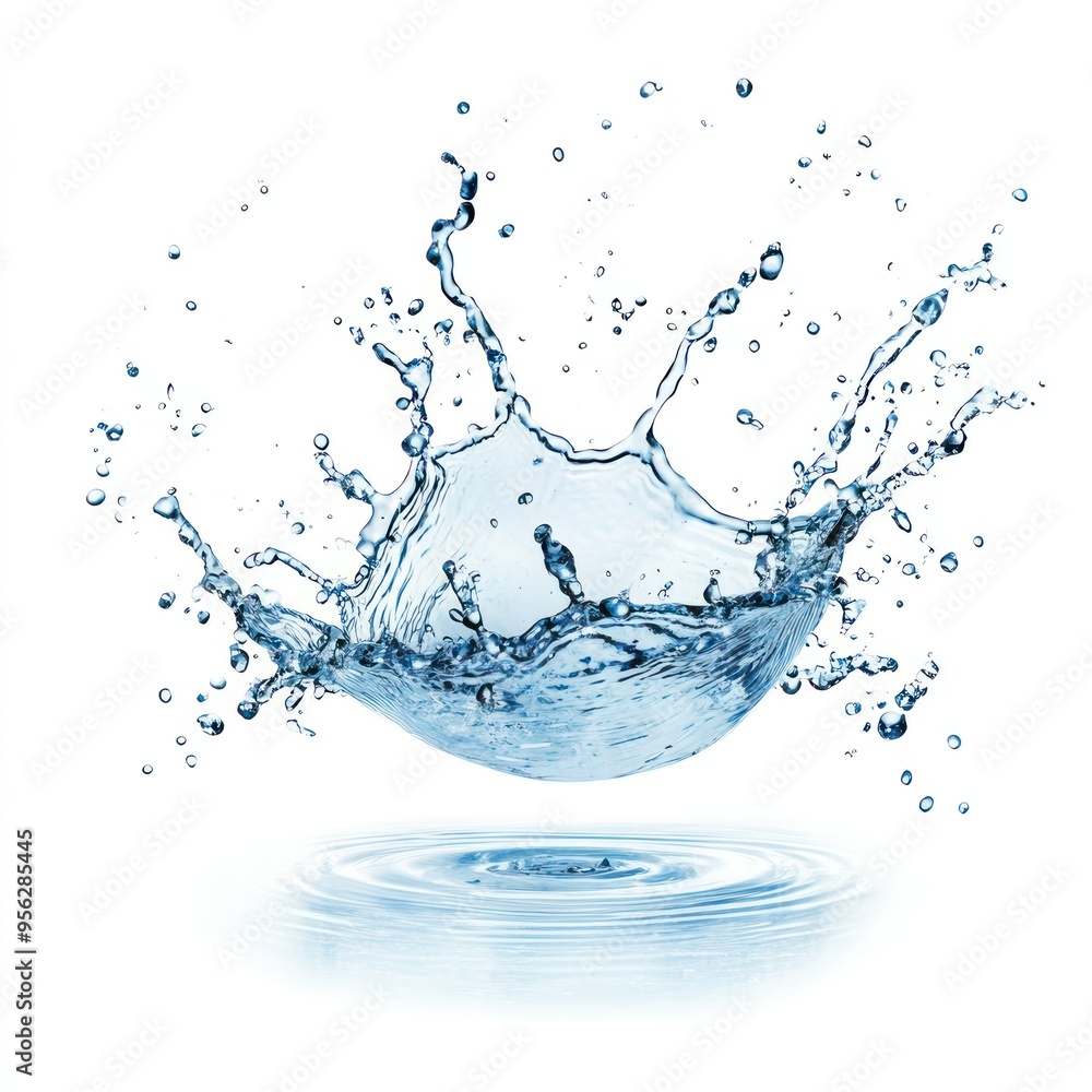 Water Splash Crown with Ripples and Droplets on White Background Water Splash Crown with Ripples and Droplets on White Background