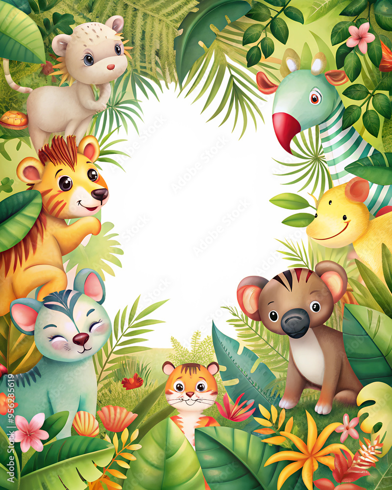 Naklejka premium a playful jungle themed border with cute animals frame transparent background