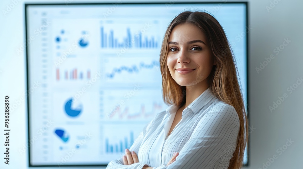 Confident Businesswoman Standing in Front of Data Screen Confident Businesswoman Standing in Front of Data Screen