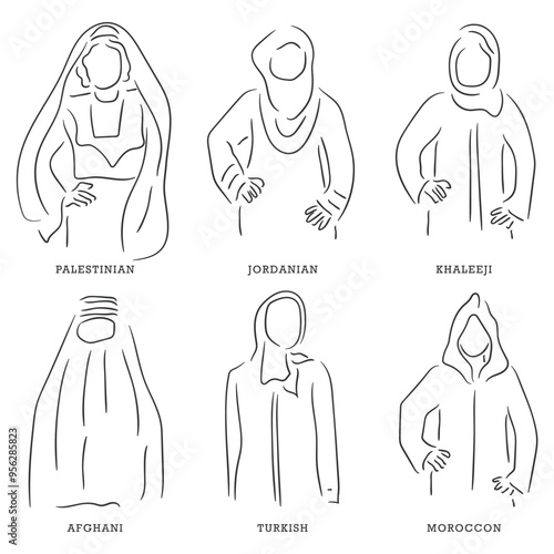 Hand drawn line art vector of Muslim women from around te world. Covering style of Muslim women